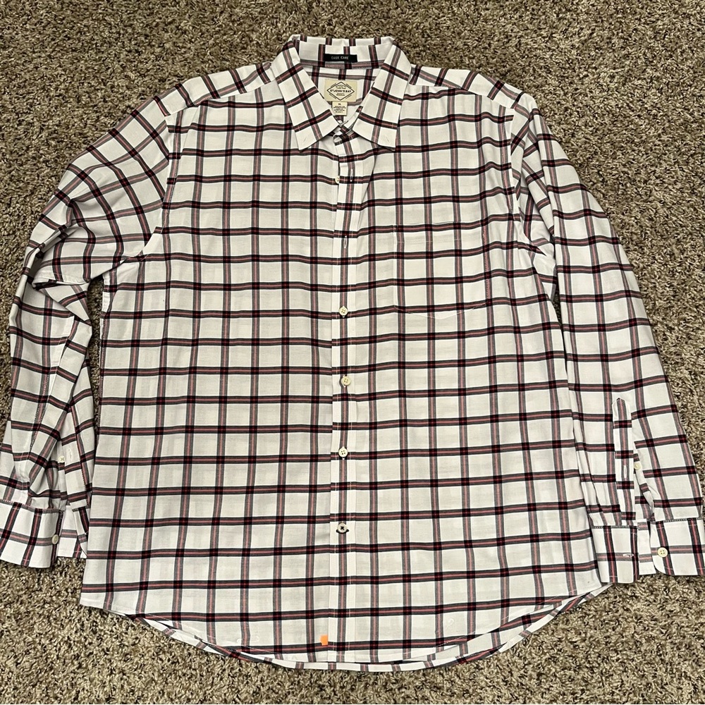 St Johns Bay Mens Size XL White, Blue & Red Plaid Long Sleeve Button Down